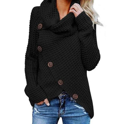 Women’s Sweatshirts – Relaxed Fit – Waffle Knit – Cowl Neck – Asymmetric Button Closure