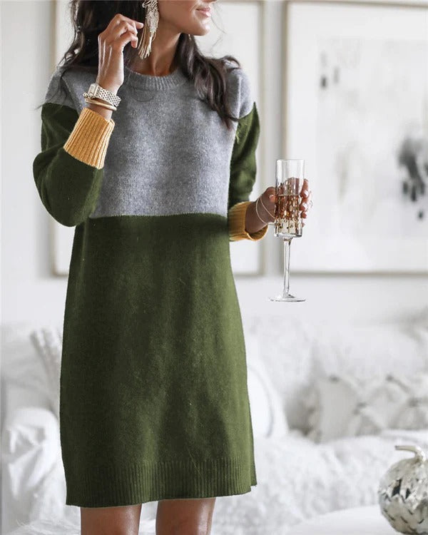 Women’s Knit Dress – Wool Blend – Relaxed Fit – Long Sleeve – Knee Length – Color Block
