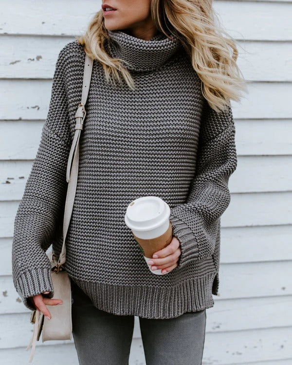 Women’s Knitted Sweater – Oversized Fit – Ribbed Wool Blend – High Turtleneck – Long Sleeve
