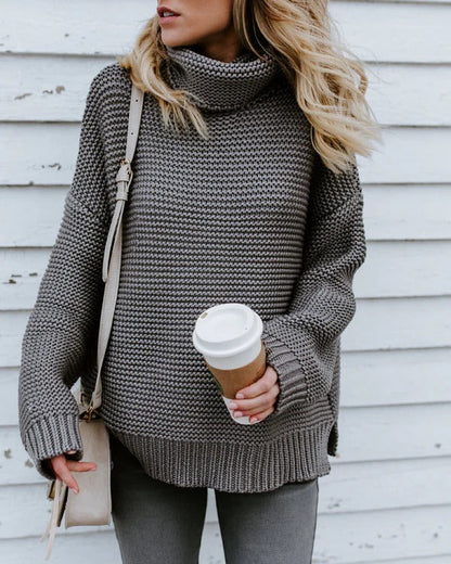 Women’s Knitted Sweater – Oversized Fit – Ribbed Wool Blend – High Turtleneck – Long Sleeve