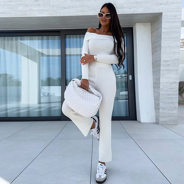 Slim Knit Off-Shoulder Flared Leg Jumpsuit 