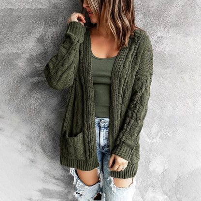 Women’s Knitted Cardigan – Relaxed Fit – Cable Knit – Open Front – Front Pockets