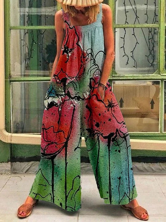Women’s Wide-Leg Overall – Relaxed Fit – Sleeveless Artistic Print – Soft Breathable Fabric