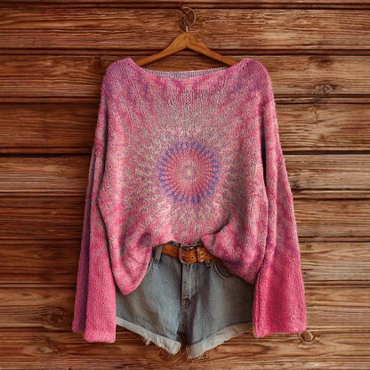 Women’s Sweatshirt - Knit - Oversized Relaxed Fit - Wide Round Neck - Long Bell Sleeves