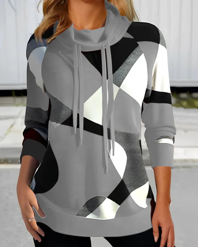 Soft Knit Cowl Neck Geometric Print Sweatshirt