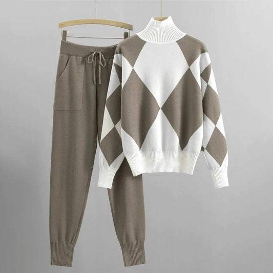Argyle Pattern Knit Relaxed Fit Sweater and Pants Set 