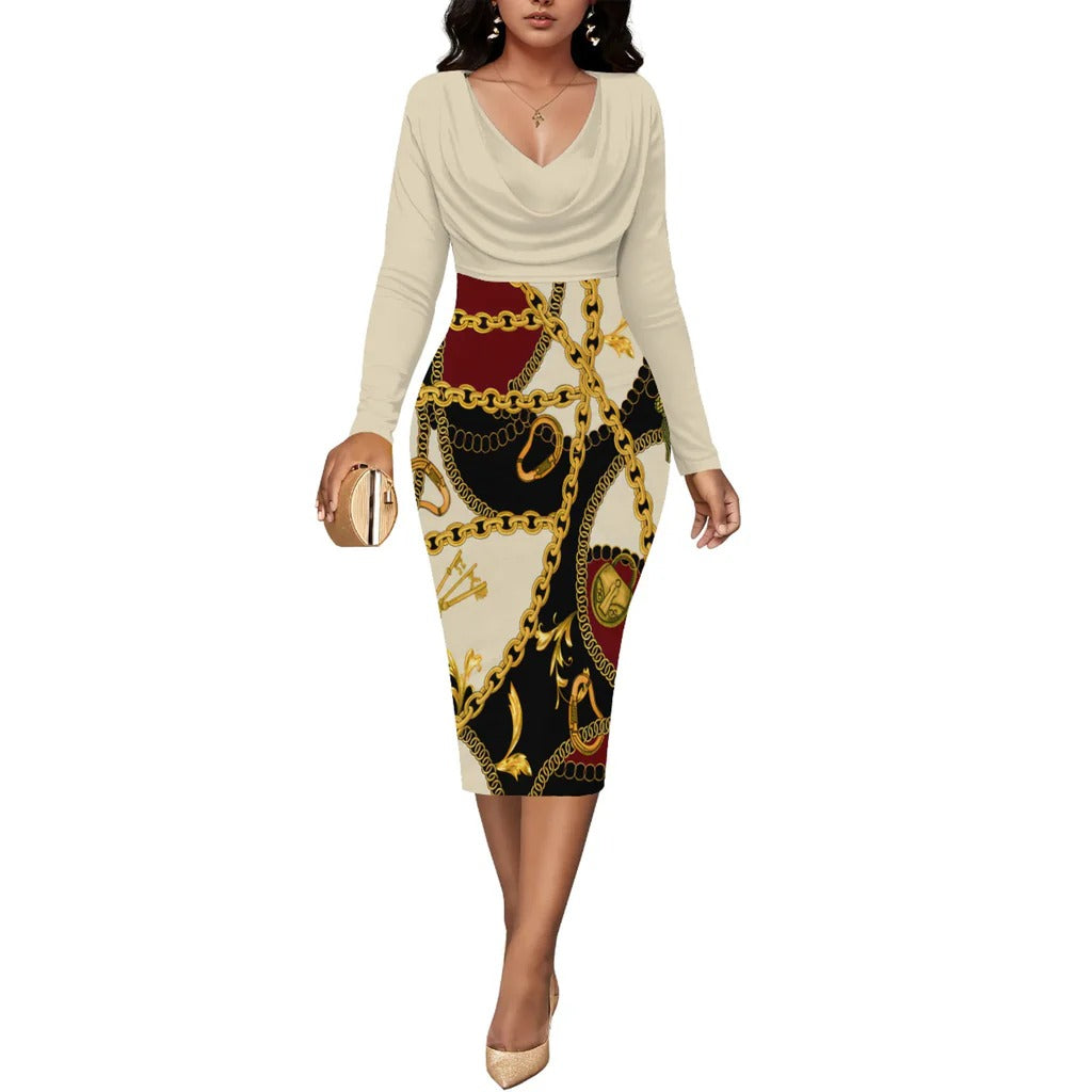 Women’s Midi Dress – Fitted Silhouette – Wrap Neckline – Long Sleeve – Chain Detail