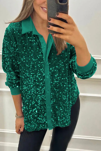 Women’s Sequin Shirt – Relaxed Fit – Button-Up – Long Sleeve Party Wear