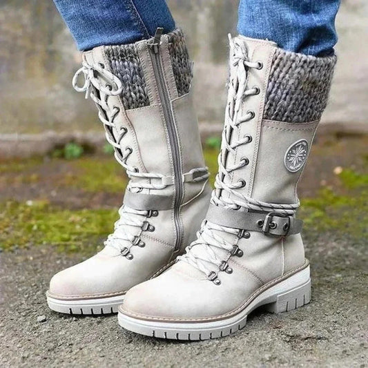 Wool Knit Lace-Up Knee-High Boots 