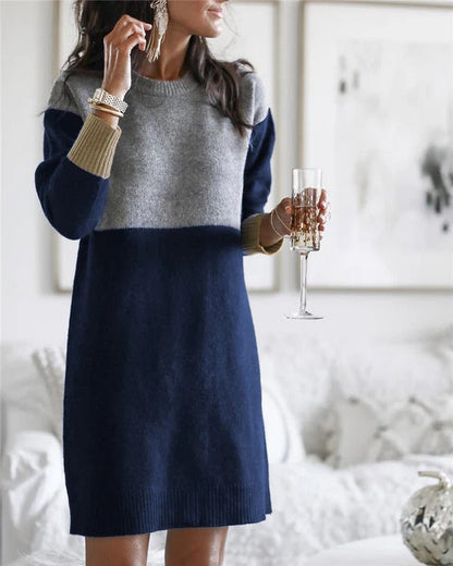 Women’s Knit Dress – Wool Blend – Relaxed Fit – Long Sleeve – Knee Length – Color Block