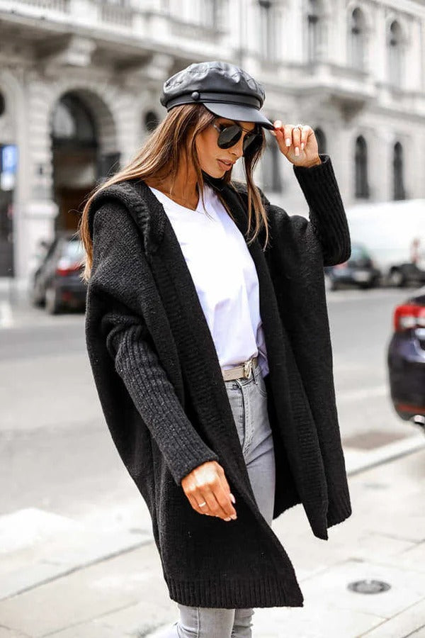 Oversized Knit Hooded Cardigan With Ribbed Trim 