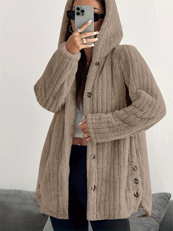 Women’s Plush Coat – Hooded – Loose Fit – Long Sleeve – Soft Faux Fur – Mid Thigh Length