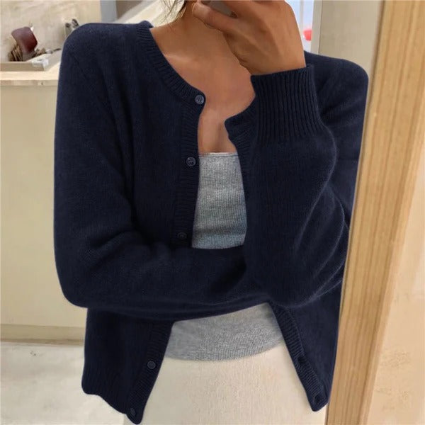 Women’s Knit Cardigan – Wool Blend – Relaxed Fit – Decorative Buttons – Ribbed Trim