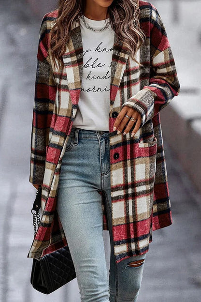Women’s Wool Coat – Oversized Fit – Plaid Pattern – Notched Lapel – Mid-Thigh Length