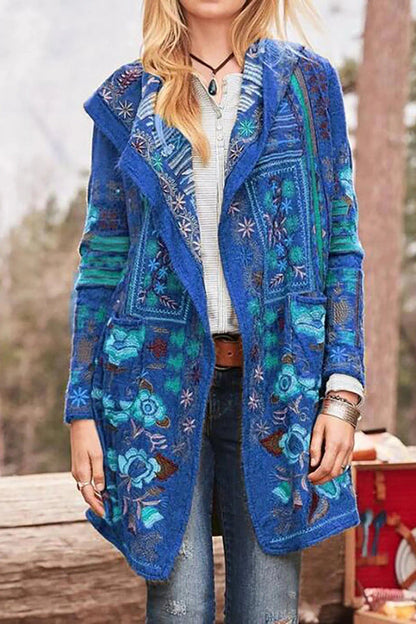 Women’s Tailored Coat – Relaxed Fit – Wool – Embroidered – Open Front – Mid Length