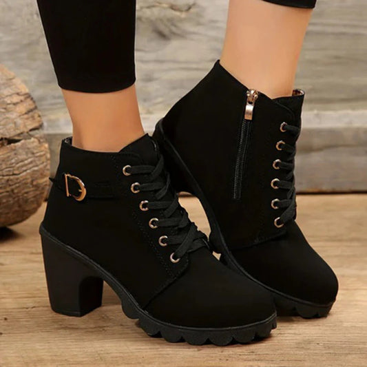 Chunky Heel Lace-Up Ankle Boots 