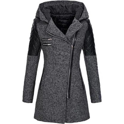 Women’s Jacket – Tailored Fit – Tweed Body – Quilted Sleeves – Asymmetrical Zip – Hooded