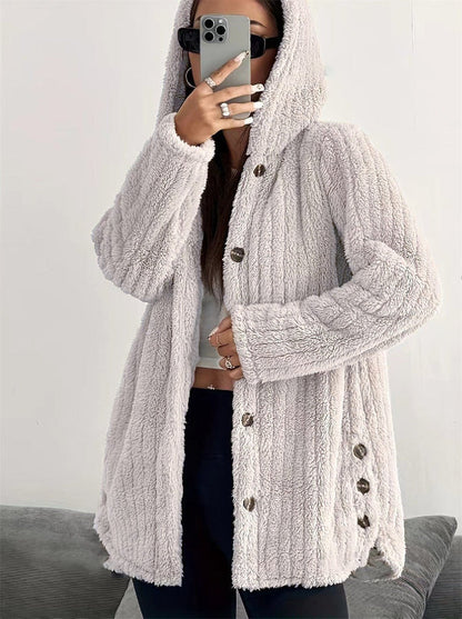 Women’s Plush Coat – Hooded – Loose Fit – Long Sleeve – Soft Faux Fur – Mid Thigh Length