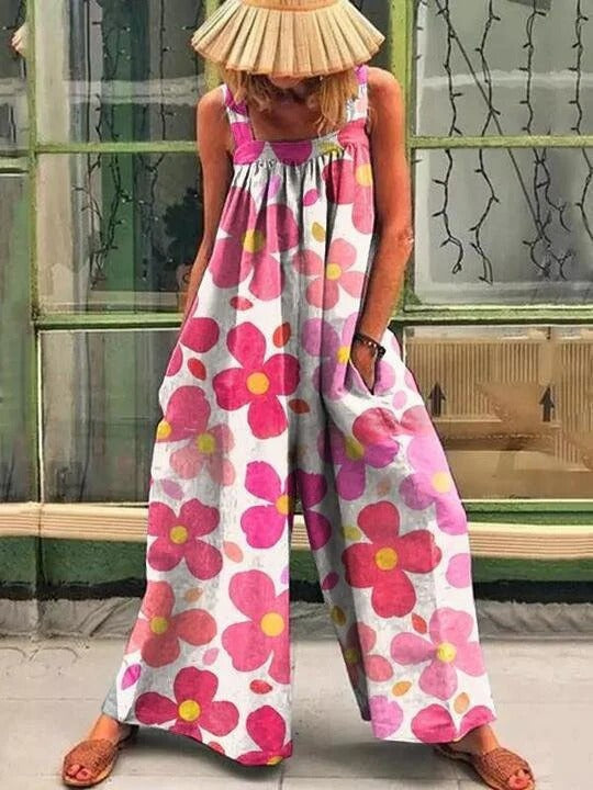 Women’s Wide-Leg Overall – Relaxed Fit – Sleeveless Artistic Print – Soft Breathable Fabric