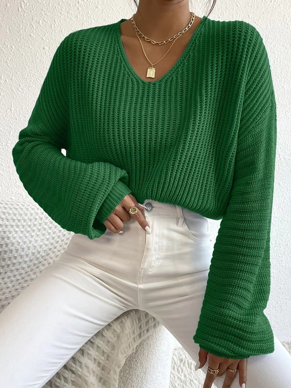 Ribbed Knit Relaxed Fit V-Neck Sweater 