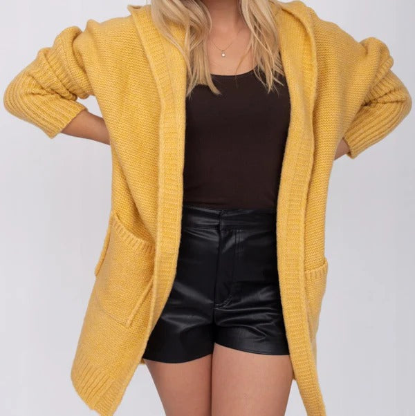 Women’s Cardigan – Oversized Fit – Knit Wool Feel – Hooded – Long Sleeve – Pockets