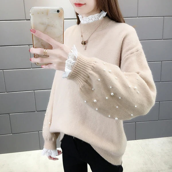 Women’s Knitted Sweater – Wool Blend – Relaxed Fit – Pearl Sleeve Detail – Ribbed Hem