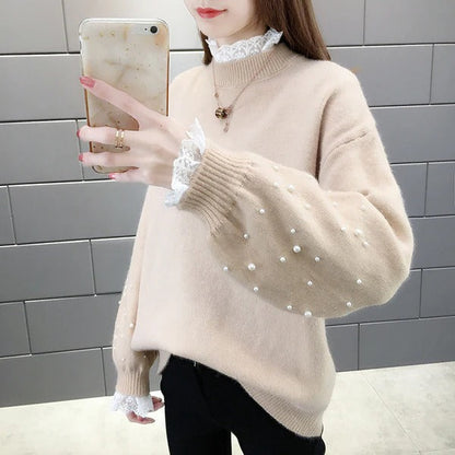 Women’s Knitted Sweater – Wool Blend – Relaxed Fit – Pearl Sleeve Detail – Ribbed Hem
