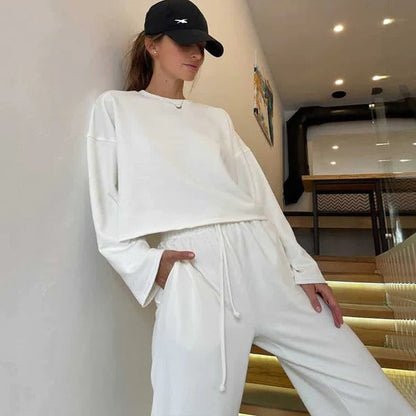 Women’s Top and Pants Set – Relaxed Fit – Cropped Crew Neck Top – Drawstring Waist