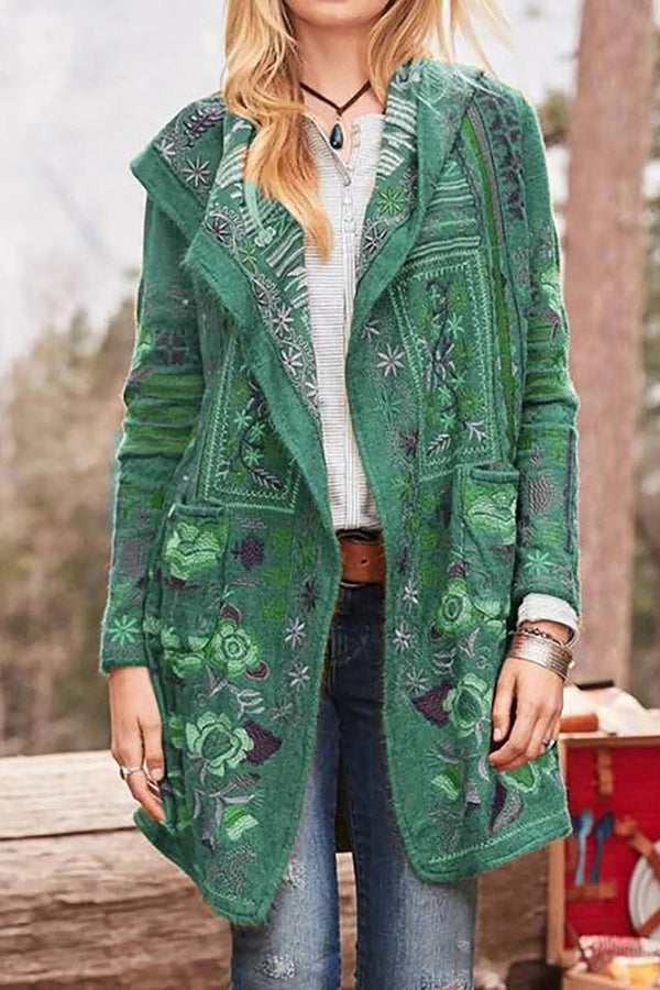 Women’s Tailored Coat – Relaxed Fit – Wool – Embroidered – Open Front – Mid Length
