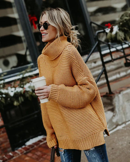 Women’s Knitted Sweater – Oversized Fit – Ribbed Wool Blend – High Turtleneck – Long Sleeve
