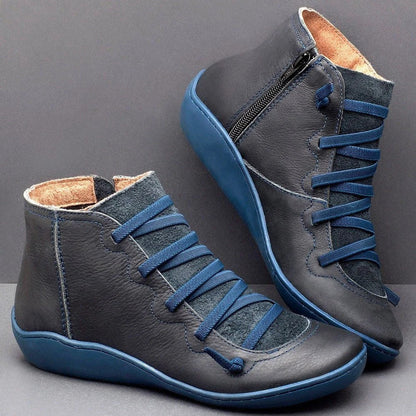 Women’s Ankle Boots – Smooth Leather Feel – Low Heel – Lace-Up Zipper – Casual Fit