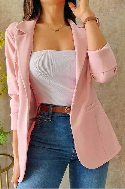 Women’s Blazer – Tailored Fit – Notched Lapel – Flap Pockets – 3/4 Sleeve – Hip Length