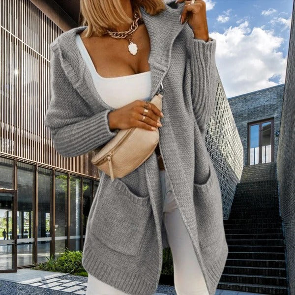 Women’s Cardigan – Oversized Fit – Knit Wool Feel – Hooded – Long Sleeve – Pockets