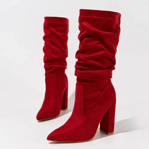 Women’s Mid-Calf Boots – Gathered Shaft – Pointed Toe – Sculptural Cone Heel – Relaxed Fit