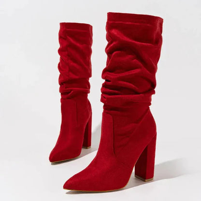 Women’s Mid-Calf Boots – Gathered Shaft – Pointed Toe – Sculptural Cone Heel – Relaxed Fit