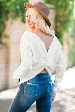 Wool Blend Open Back Twist Pullover Sweater 