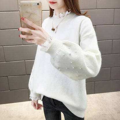 Women’s Knitted Sweater – Wool Blend – Relaxed Fit – Pearl Sleeve Detail – Ribbed Hem
