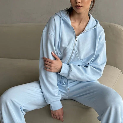 Women’s Two-Piece Lounge Set – Oversized Hoodie Zip Sweatshirt – Wide-Leg Pants – Cotton Blend