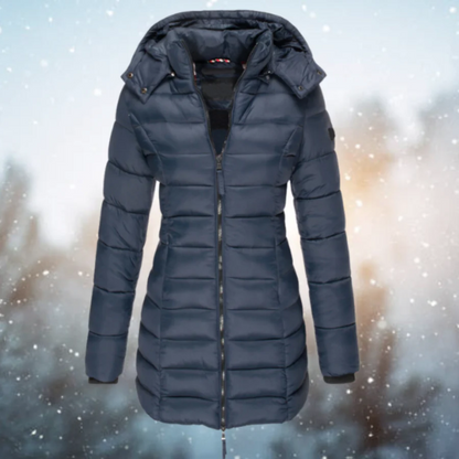 Women’s Long Puffer Jacket – Fitted Quilted Design – Water-Resistant – Detachable Hood
