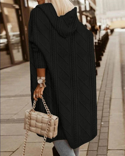 Women’s Knitted Cardigan – Oversized Fit – Cable Knit – Longline Hooded Open Front
