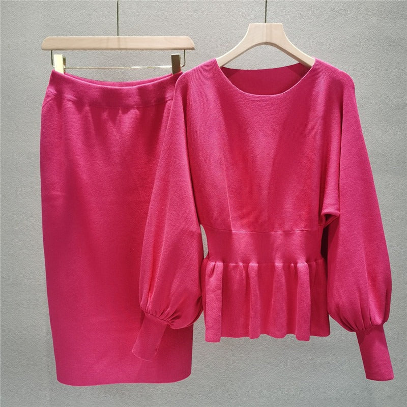 Women’s Two-Piece Knit Suit – Peplum Top with Balloon Sleeves – High Waist Midi Skirt
