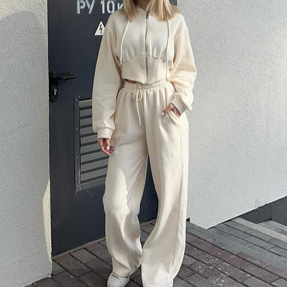 Women’s Two-Piece Lounge Set – Oversized Hoodie Zip Sweatshirt – Wide-Leg Pants – Cotton Blend