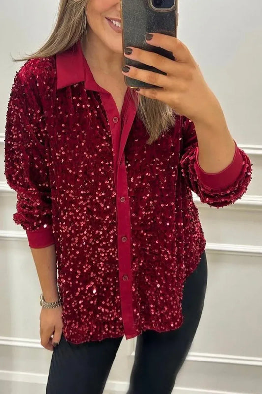 Sequin Relaxed Fit Button-Up Long Sleeve Shirt 