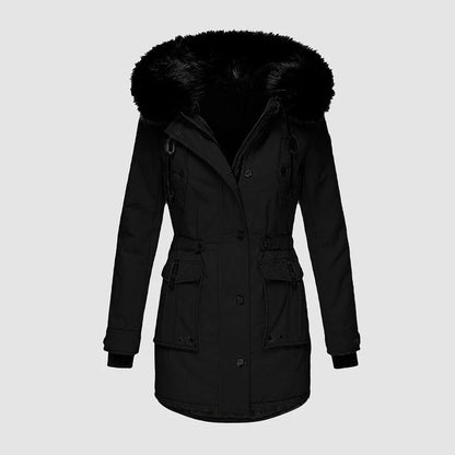Women’s Long Coat – Tailored Fit – Faux Fur Hood – Waist Belt – Full-Length Warmth