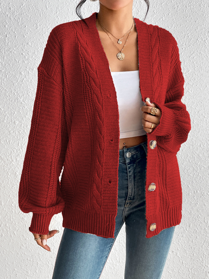 Women’s Cardigan Jacket – Wool Knit – Oversized Fit – Cable Pattern – Button Front
