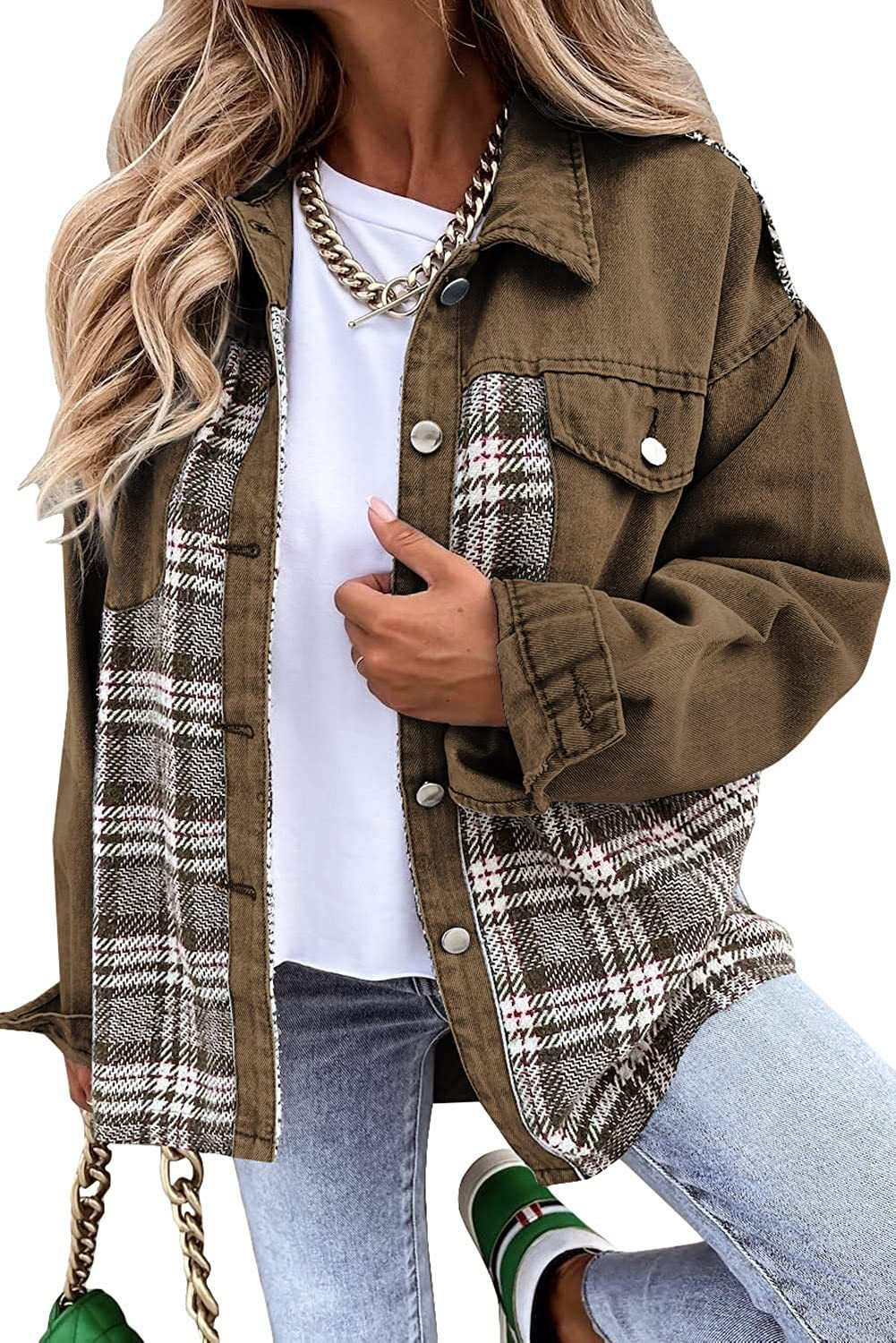 Women’s Denim Jacket – Relaxed Fit – Plaid Panel Accents – Long Sleeve Button-Down