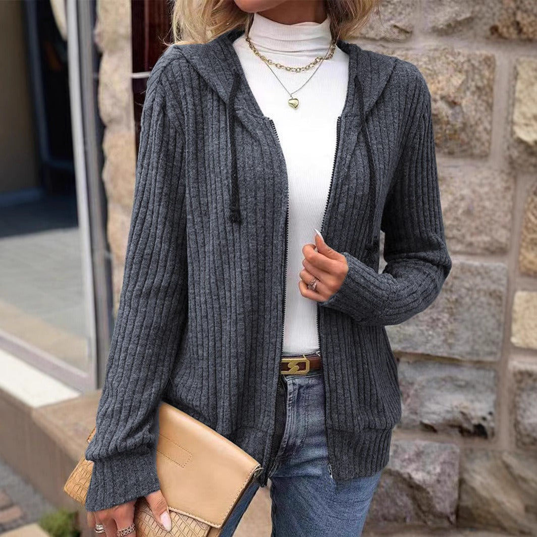 Ribbed Texture Relaxed Fit Hooded Knit Sweater 