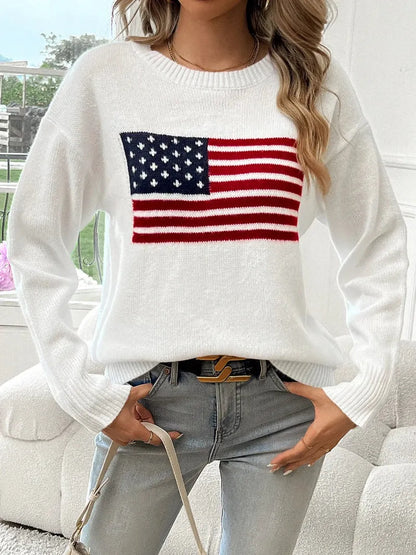 Women’s Sweatshirt – Relaxed Fit – Cotton Blend – Crew Neck – American Flag Graphic