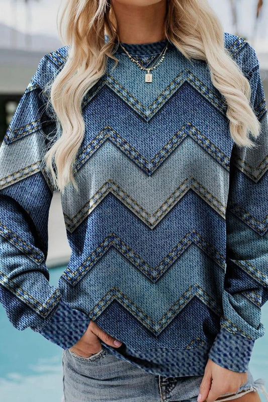 Relaxed Cotton Blend Chevron Print Sweatshirt 
