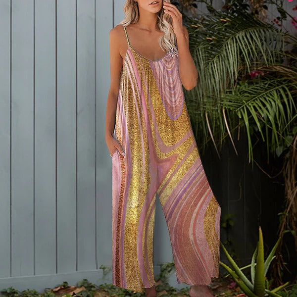 Women’s Jumpsuit – Relaxed Fit – Wide Leg – Spaghetti Straps – Cotton Blend Fabric